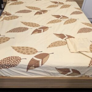 beige color with leaf print fitted double bedsheet set